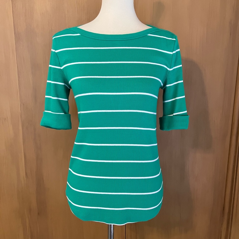 Talbots bateau neck ribbed knit striped tee, short / elbow sleeve, medium NWOT